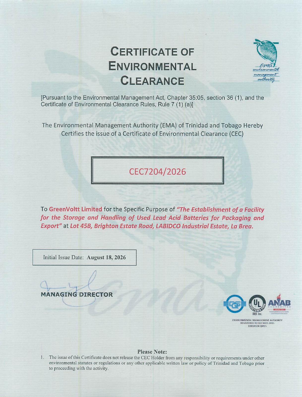GreenVoltt Limited Certificate of Environmental Clearance CEC7204/2026, issued August 18, 2026