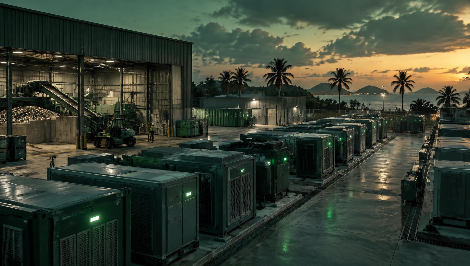 GreenVoltt battery recovery and storage yard at dusk